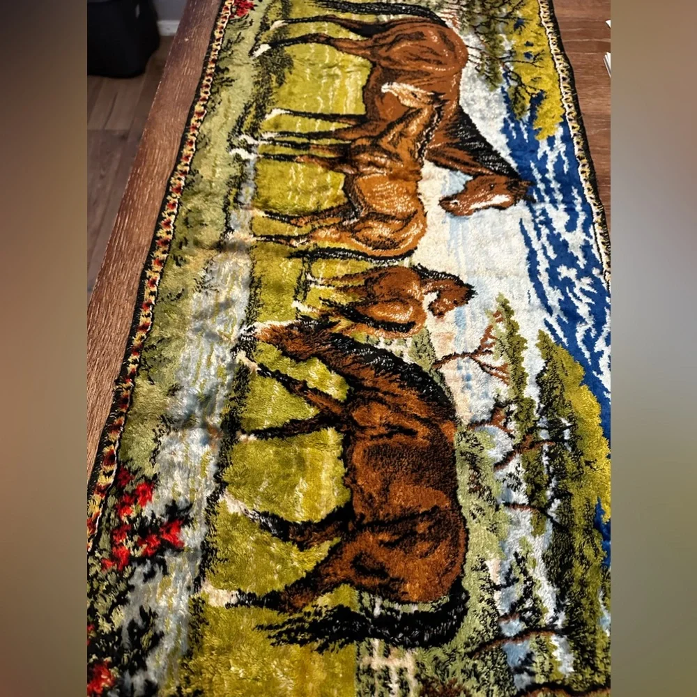 Vintage ITALIAN Velvet WILD HORSES Equine WALL Hanging TAPESTRY Rug MCM Italy